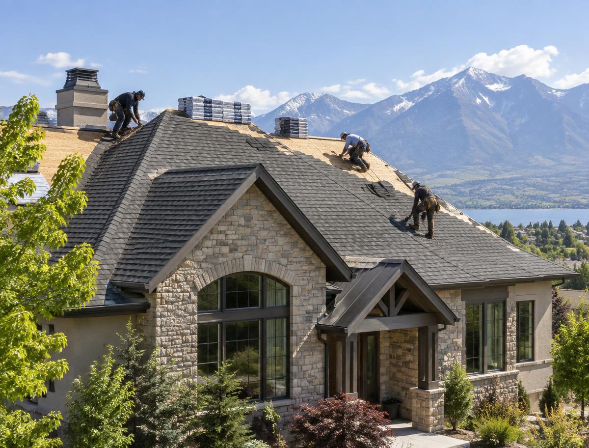 Roof replacement crew installing shingles on a Northern Utah home
